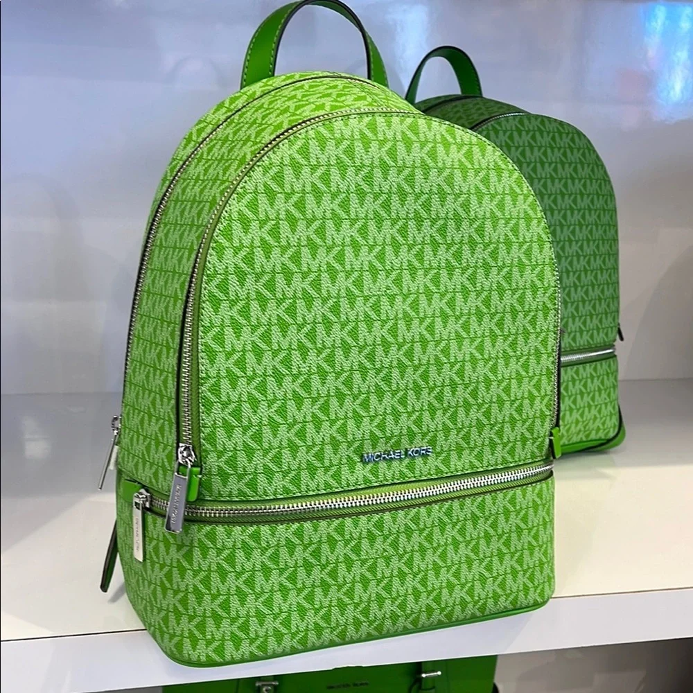 Michael Kors Rhea Medium Signature Logo Backpack Jungle Green NWT